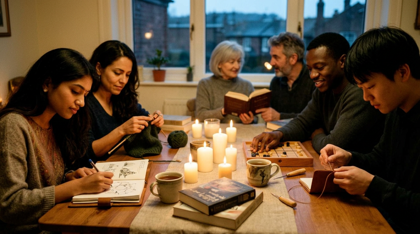 People gathered around a warm-lit table with books, board games and notebooks